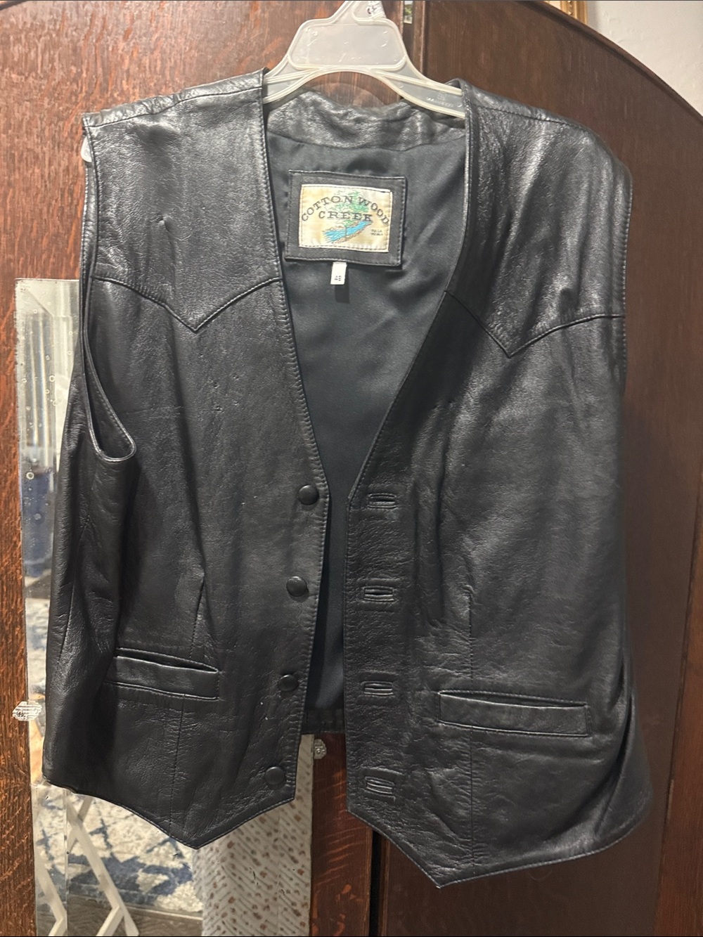 Women/Mens Black Leather Vest — Classic Button-Front